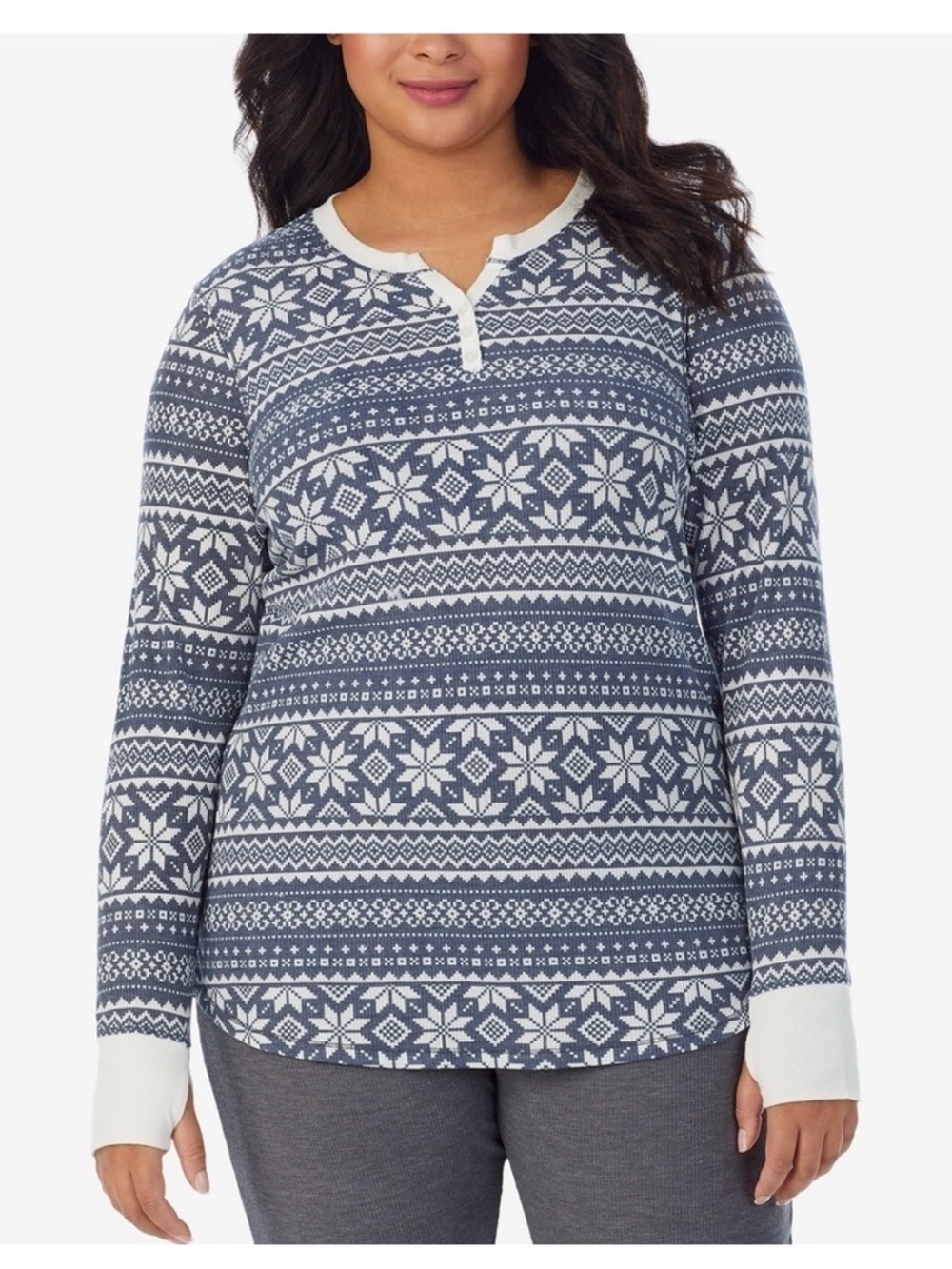 Women’s CuddlDuds Blue & White Long Sleeve Split V-Neck Thermal Top. Size 1X